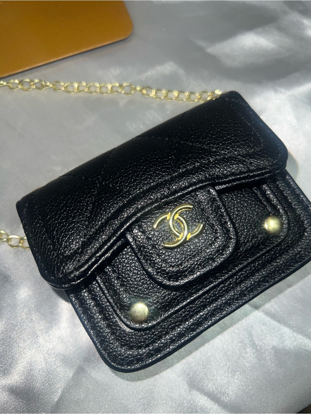 Inspired Black Quilted Leather Mini Shoulder Bag with Gold Chain